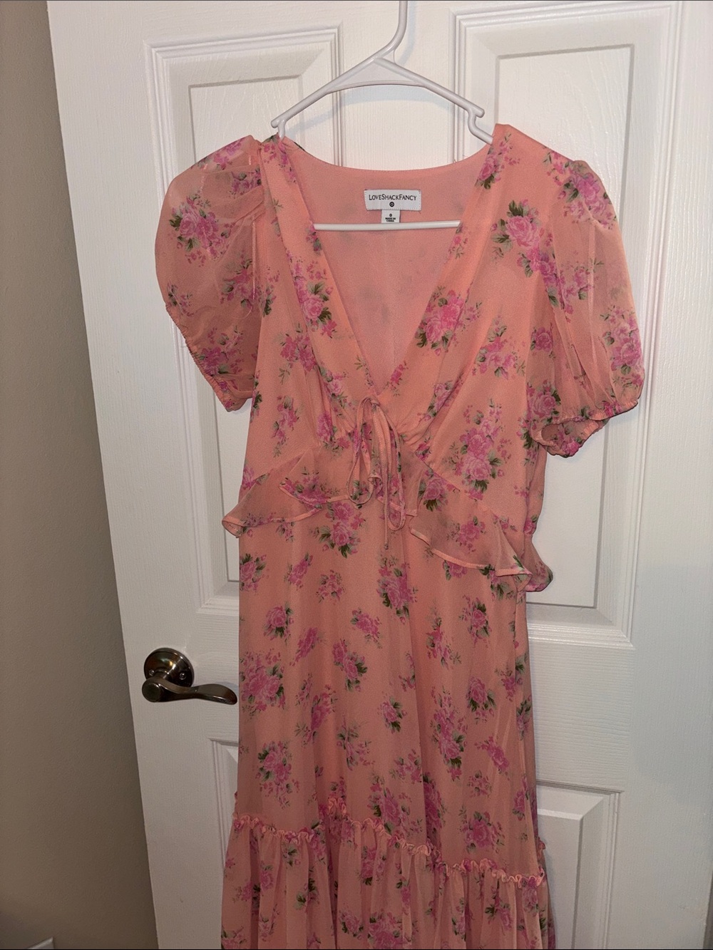 LoveShackFancy Peach-Pink Floral Tiered Maxi Dress